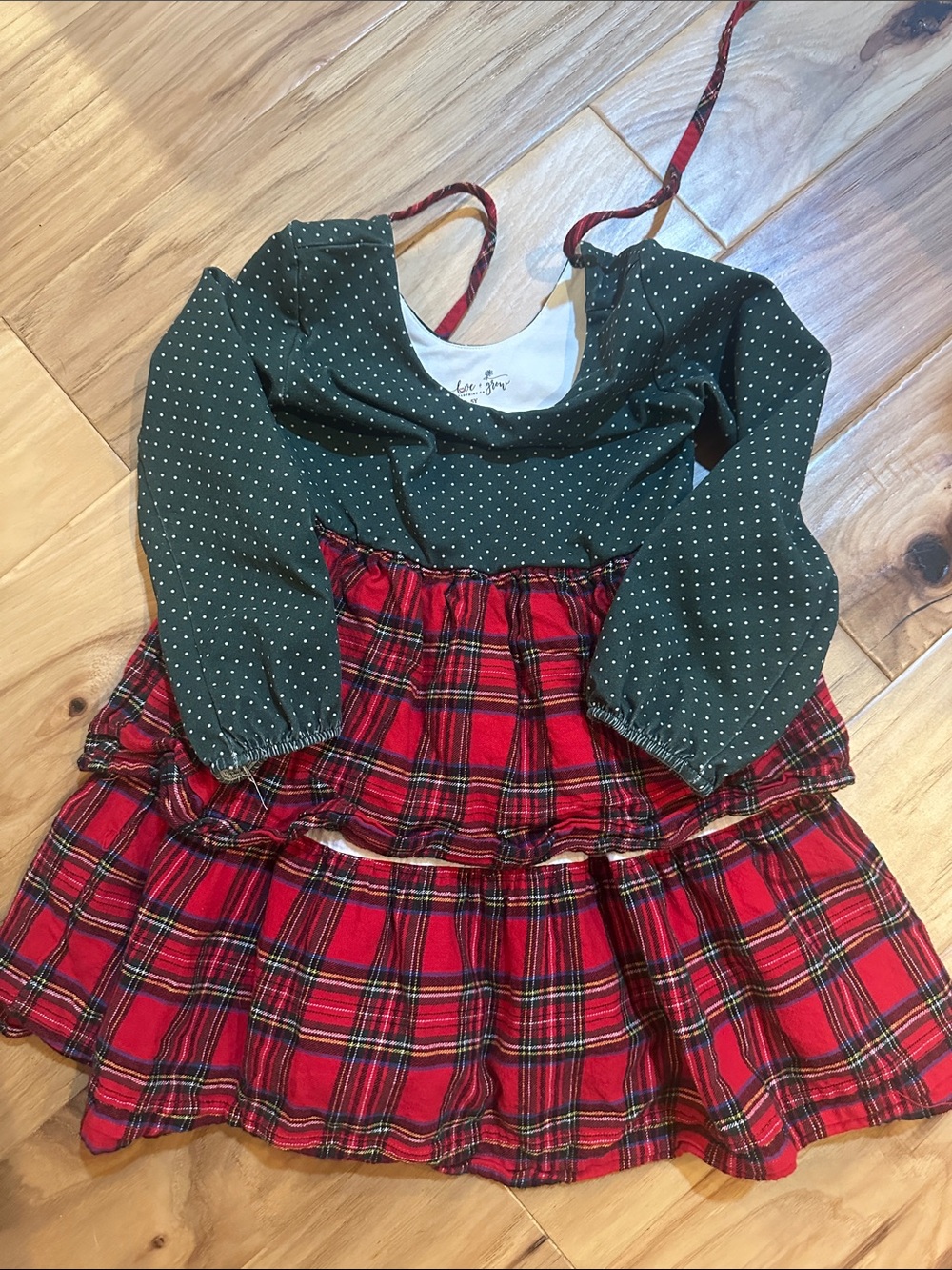 Girls Green Polka Dot Top with Red Plaid Tiered Skirt Dress